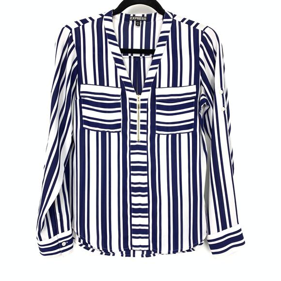 Express Popiver Blouse Womens XS Blue White Striped Print Long Sleeve Zip Front - Picture 1 of 6
